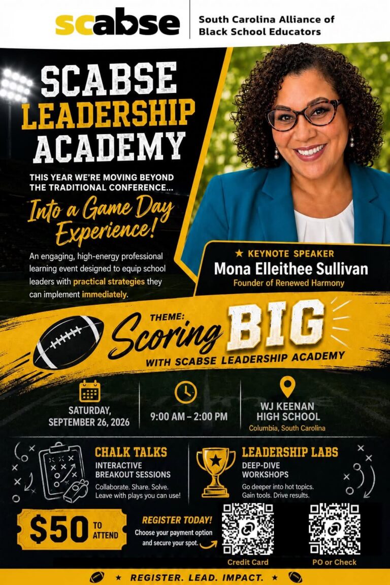 SCABSE Leadership Academy flyer announcing the September 26, 2026 event from 9:00 a.m.–2:00 p.m. at Keenan High School.